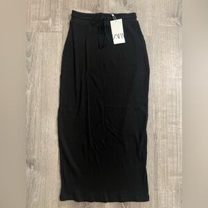 Zara Black Ribbed Midi Skirt NWT